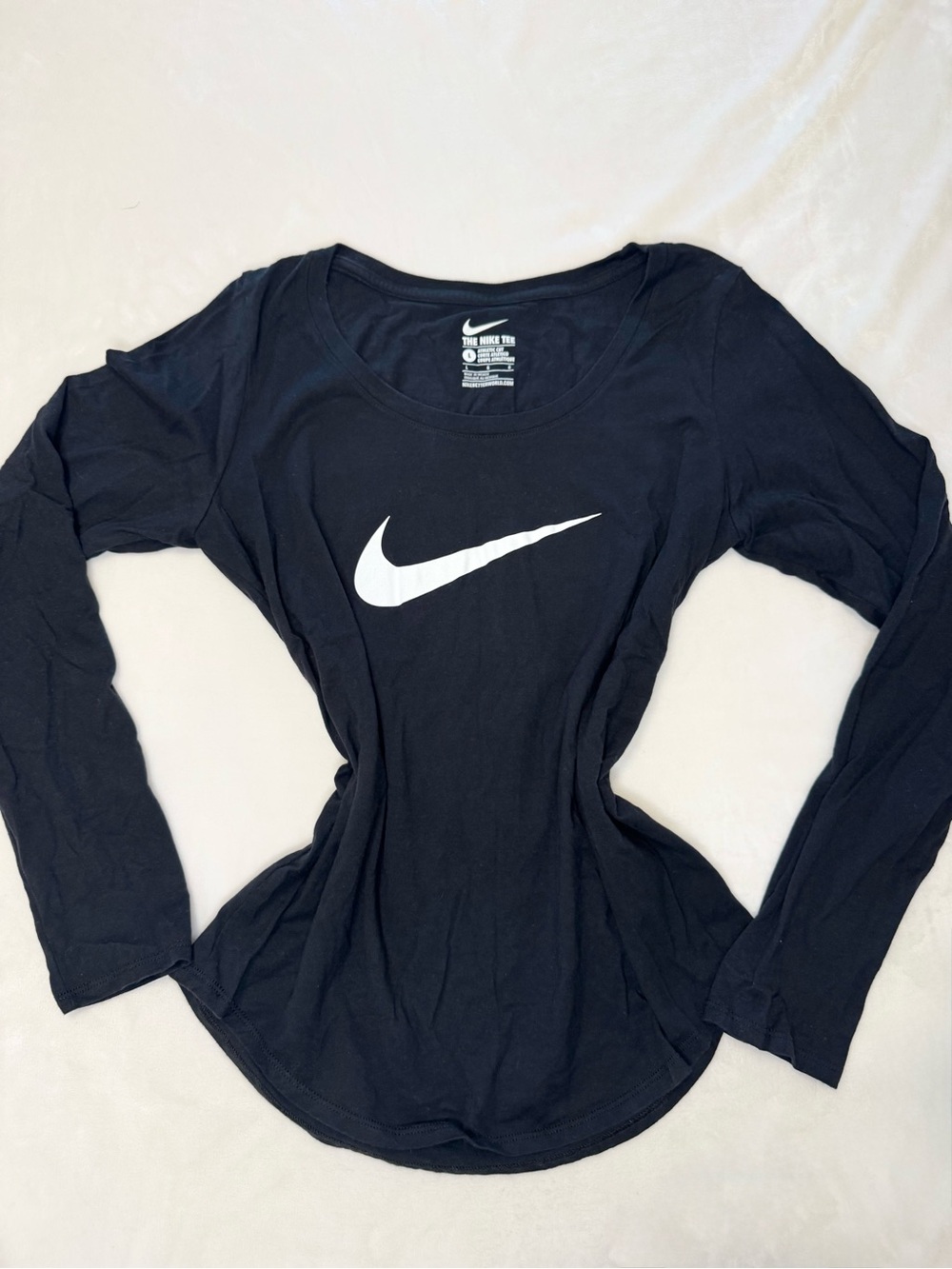 Nike Women’s Black Long Sleeve Athletic Cut Logo Tee with White Swoosh